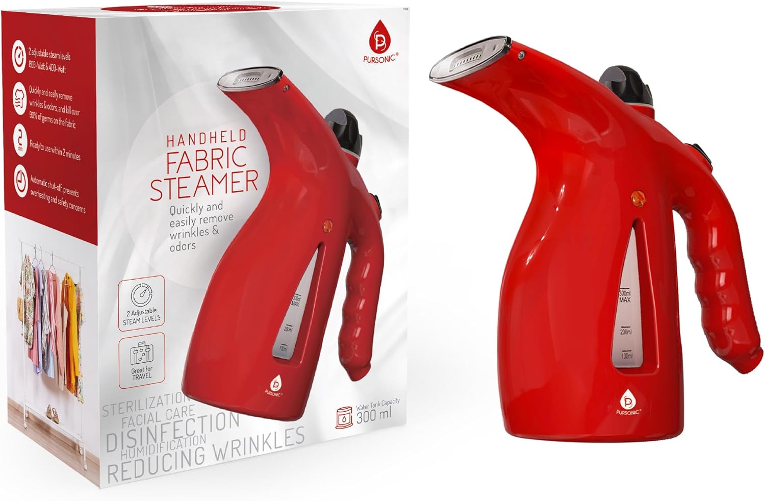 Pursonic Handheld Fabric Steamer for Clothes - Portable Clothes Steamer with 300ML Water Tank - Wrinkle Remover for Garments, Curtains & Bedding - Red