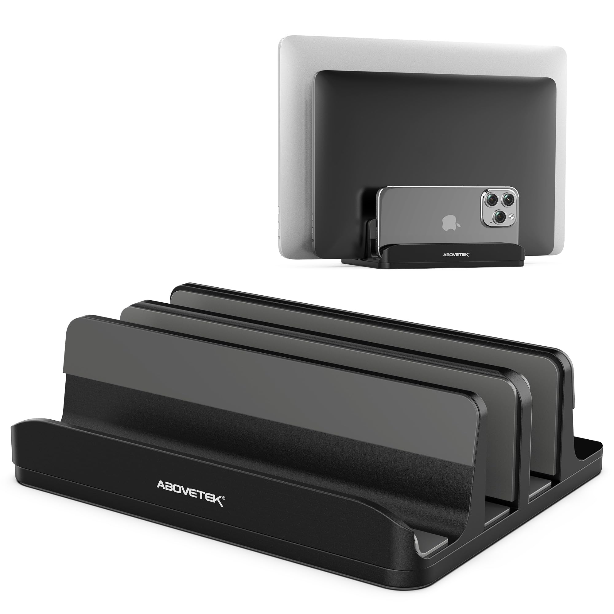 AboveTEK Vertical Laptop Stand Holder 3 Slots Aluminum Desk Stand with Adjustable Dock Size for Tablet MacBook Phone
