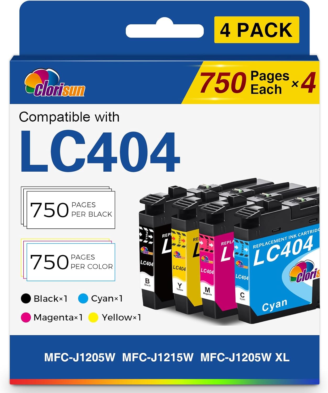 Clorisun LC404 Ink Cartridges for Brother Printer Compatible for MFC-J1205W Ink Cartridges MFC-J1215W MFC-J1205W XL Printer (Black Cyan Magenta Yellow, 4Pack) LC404 Ink