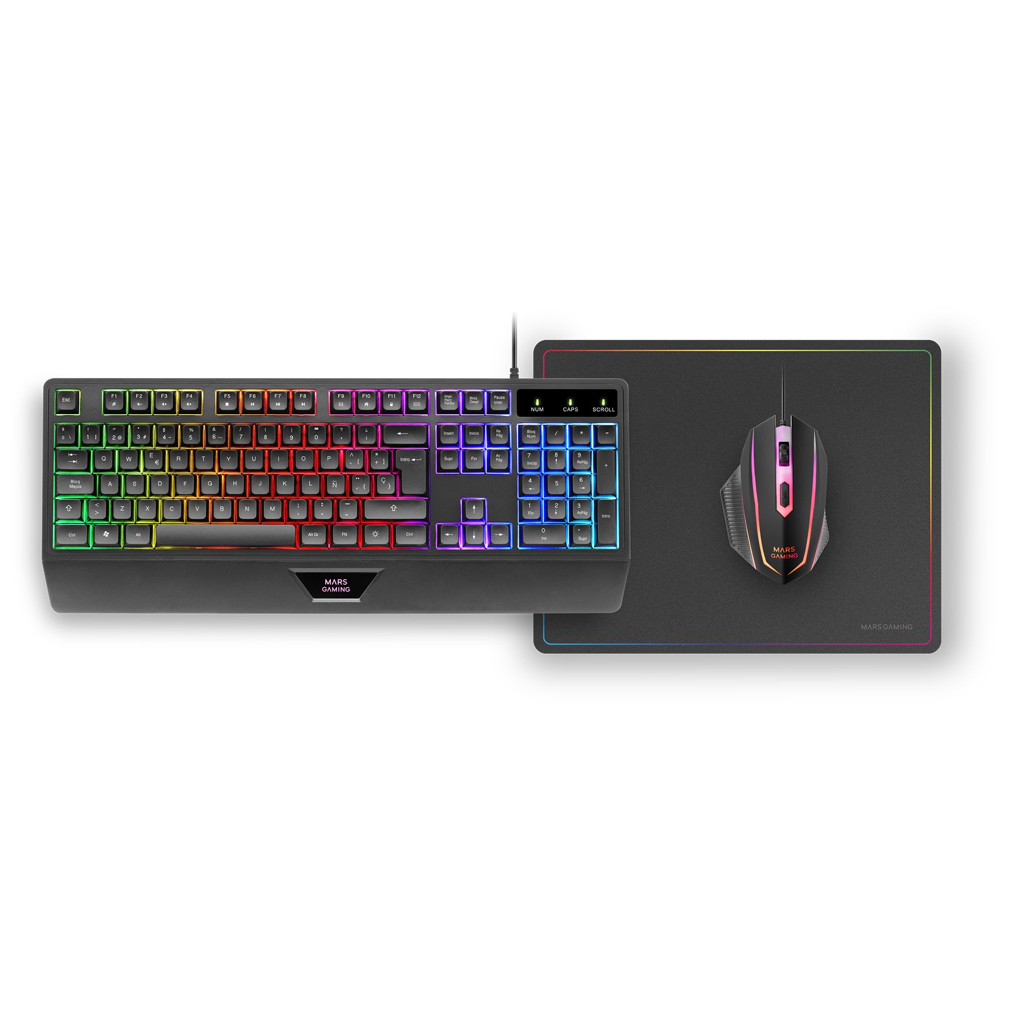 Mars Gaming MCP124, Zestaw Gamingowy 3w1, Ergonomiczna Klawiatura H-Mech LED RGB, Myszka RGB 3200DPI Przełączniki HUANO, Podkładka Nanotekstylna 360x260mm, Wieloplatformowa, Układ Hiszpański, Czarny