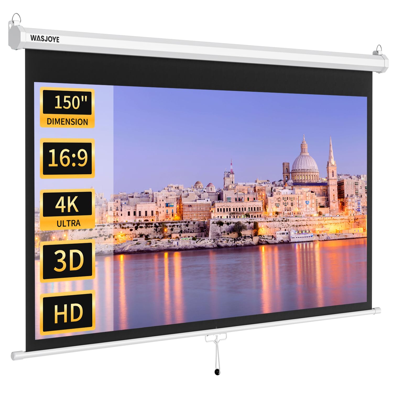 WASJOYE Pantalla de proyección manual de pantalla enrollable con pantalla de proyección manual retráctil universal de 150 pulgadas con bloqueo automático, altura de pantalla ajustable