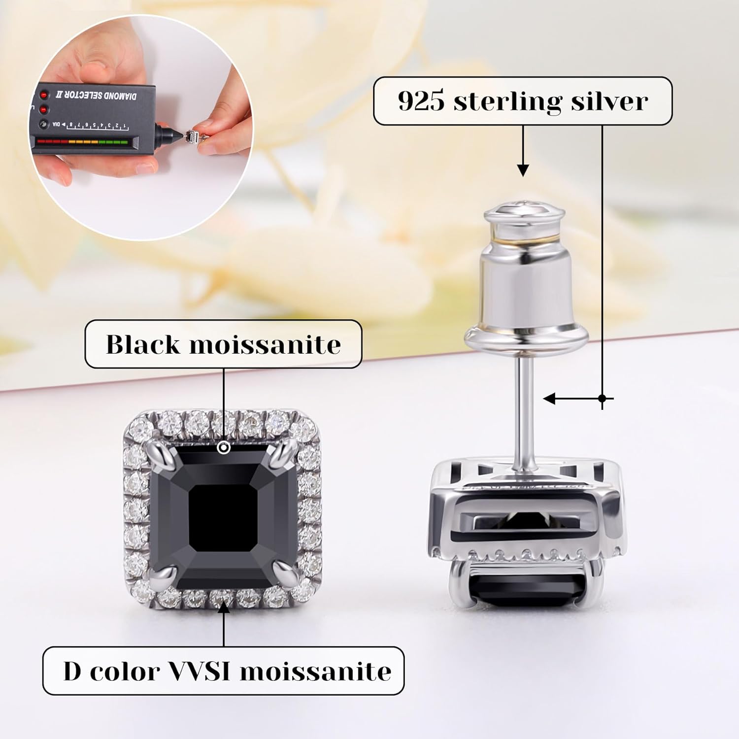 Silver/Black Moissanite Stud Earrings for Mens/Women 1-4CT Hypoallergenic Earrings 925 Sterling Silver Lab Created Round/Cushion Halo Stud Earrings - Image 2