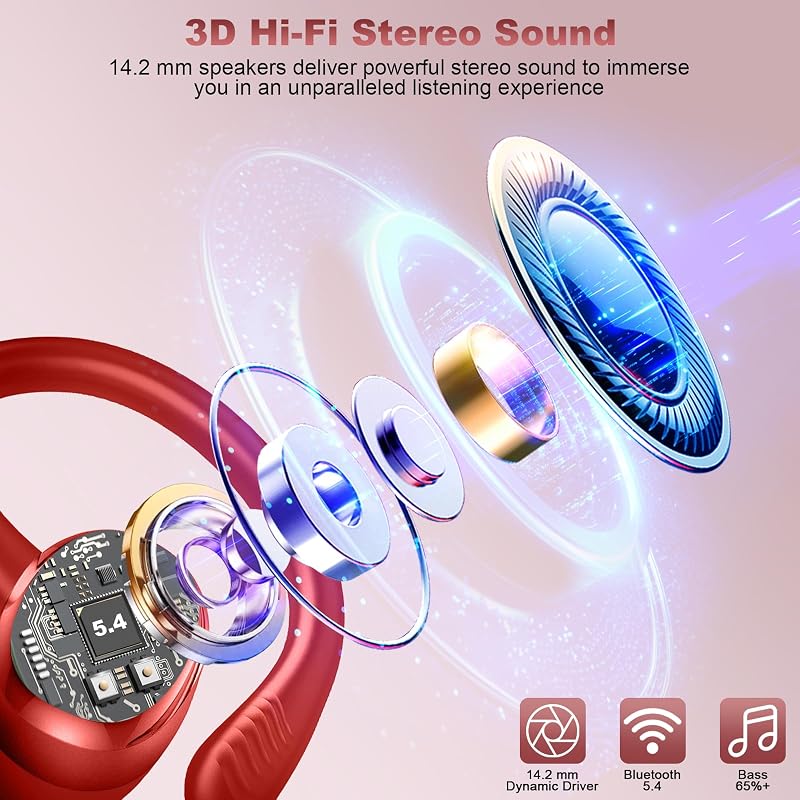 Hupoaf Wireless Earbuds Sport, NEW Bluetooth 5.4 Headphones with Earhooks, 50H Stereo Deep Bass Over Ear Buds with 4 ENC Noise Canceling Mics, IP7 Waterproof Earphones for Running Workout Gym -Red image 2