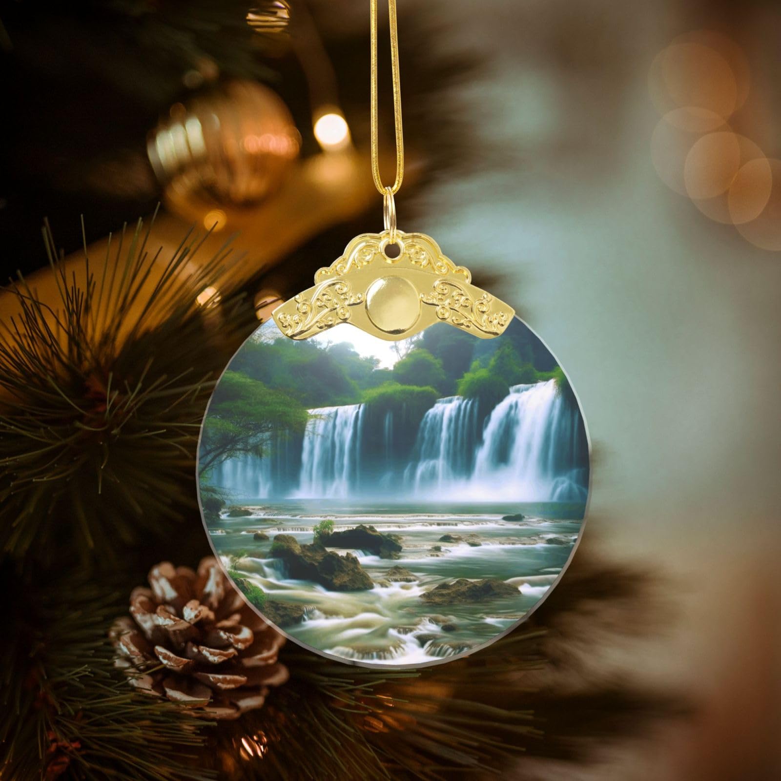 Crystal Christmas Ornaments for Christmas Tree Decoration Hanging Waterfall Scenery Ornament with Gold Ribbon Crafts Round Pendant for Keepsake Gifts Glass Xmas Decor Party Supplies