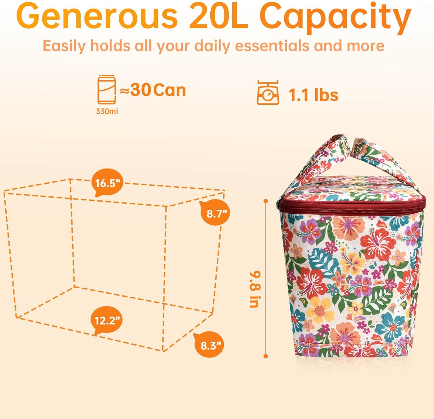 Collapsible Insulated Cooler Bag – 20L Holds 30 Cans, Leakproof & Portable Soft Cooler for Camping, Beach, Picnics, Travel and Work