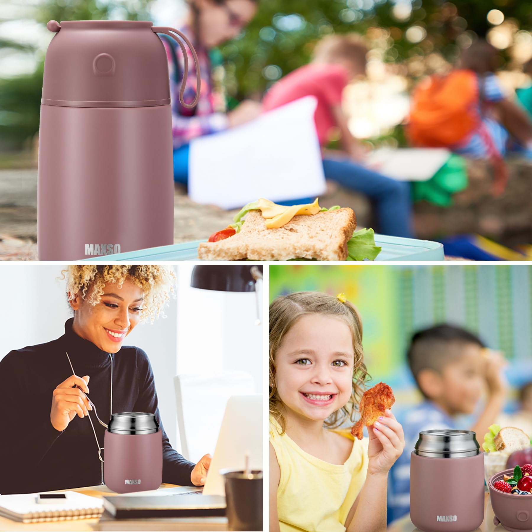 MAXSO Thermobehälter für heiße und kalte Speisen, für Kinder und Erwachsene, vakuumisoliert, Lebensmittelbehälter, Reise-Lebensmittelbehälter mit Löffel, 680 ml, 482 ml, Dusty Rose, 2 Stück