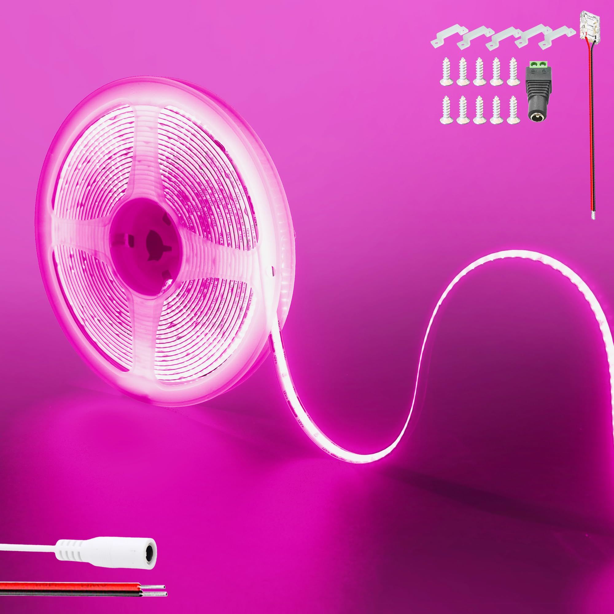 Clearhill Women's Pink 12V Cob 480Led Strip Lights,16.4Ft/5M(No Power Supply),, 2400Led,With 5521Dc Connectors,8Mm Width,Ip20,For Diy Home Indoor Decoration