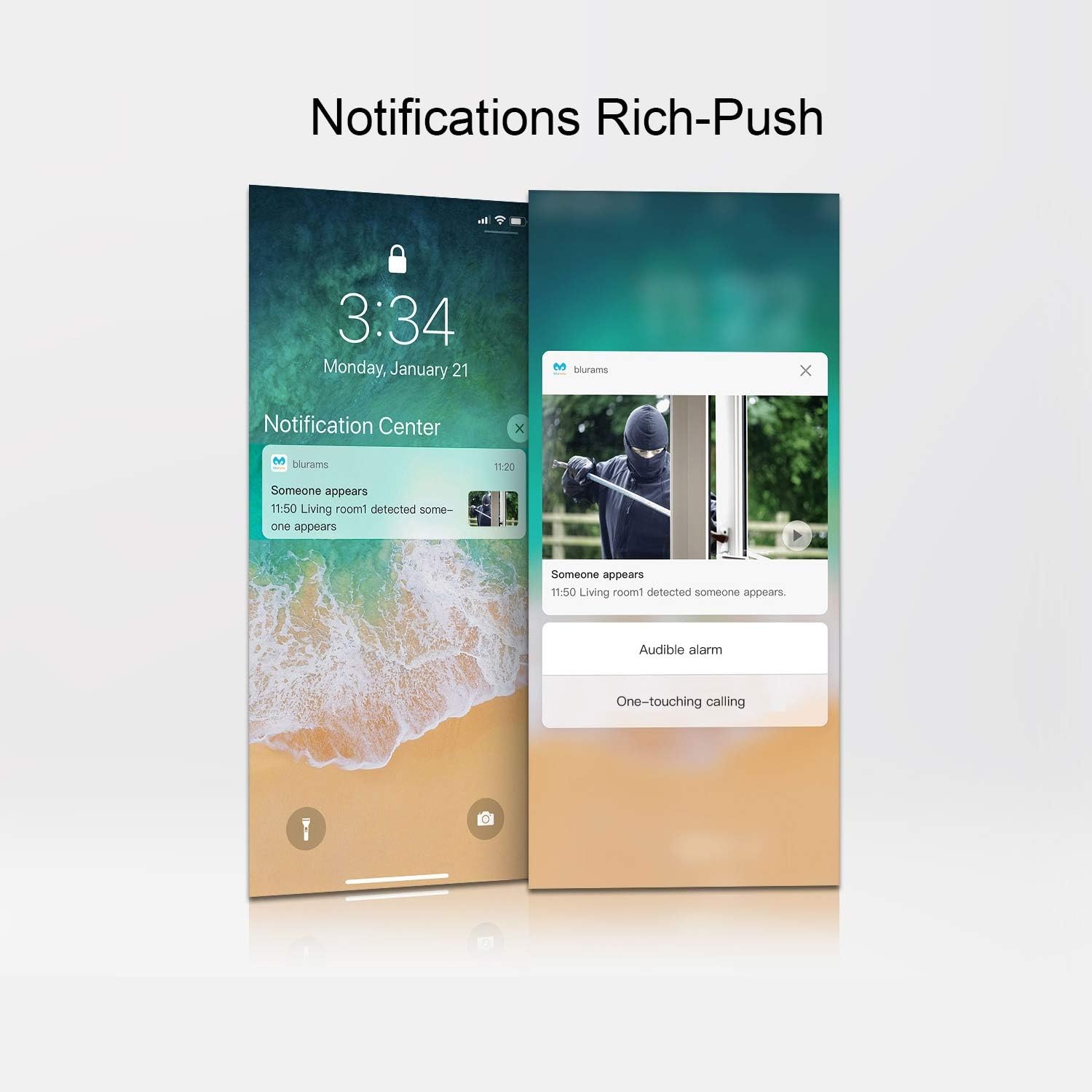 Smartphone screen showing Blurams rich push notifications