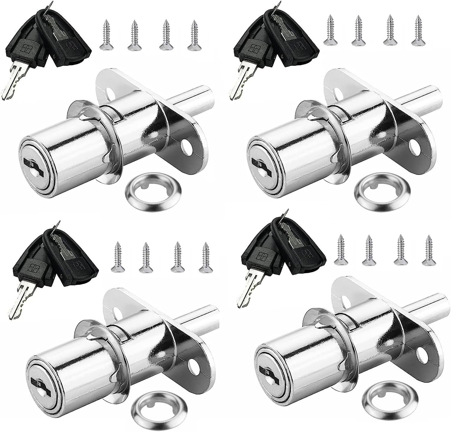Push Plunger Lock XIEHE 105 Sliding Cabinet Door Lock with 2 Keys (4PACK-D0.7*L1.2inch) Keyed Alike 32mm, Keyed Alike Chrome, 4PACK