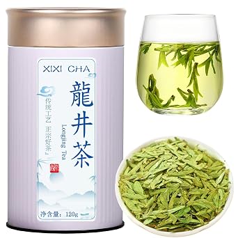 XIXICHA Longjing Green Tea Loose Leaf New Longjing Tea Dragon Well Dragonwell Tea Chinese Green Tea Lung Ching Premium Bean Aromatic All-natural and free of additives 4.23oz/120g96 cups