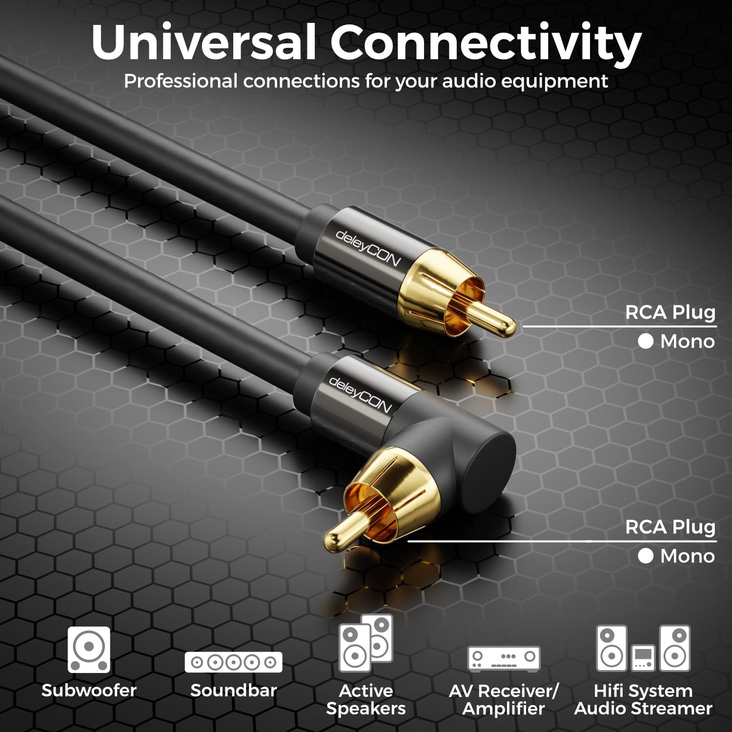 deleyCON 2m Kabel do Subwoofera - Wtyk Kątowy - Kabel Koaksjalny Cinch RCA - do Subwoofera, Amplitunera AV, Wzmacniacza HiFi, Zestawów HiFi, Soundbarów, Aktywnych Głośników - Nylon Czarny