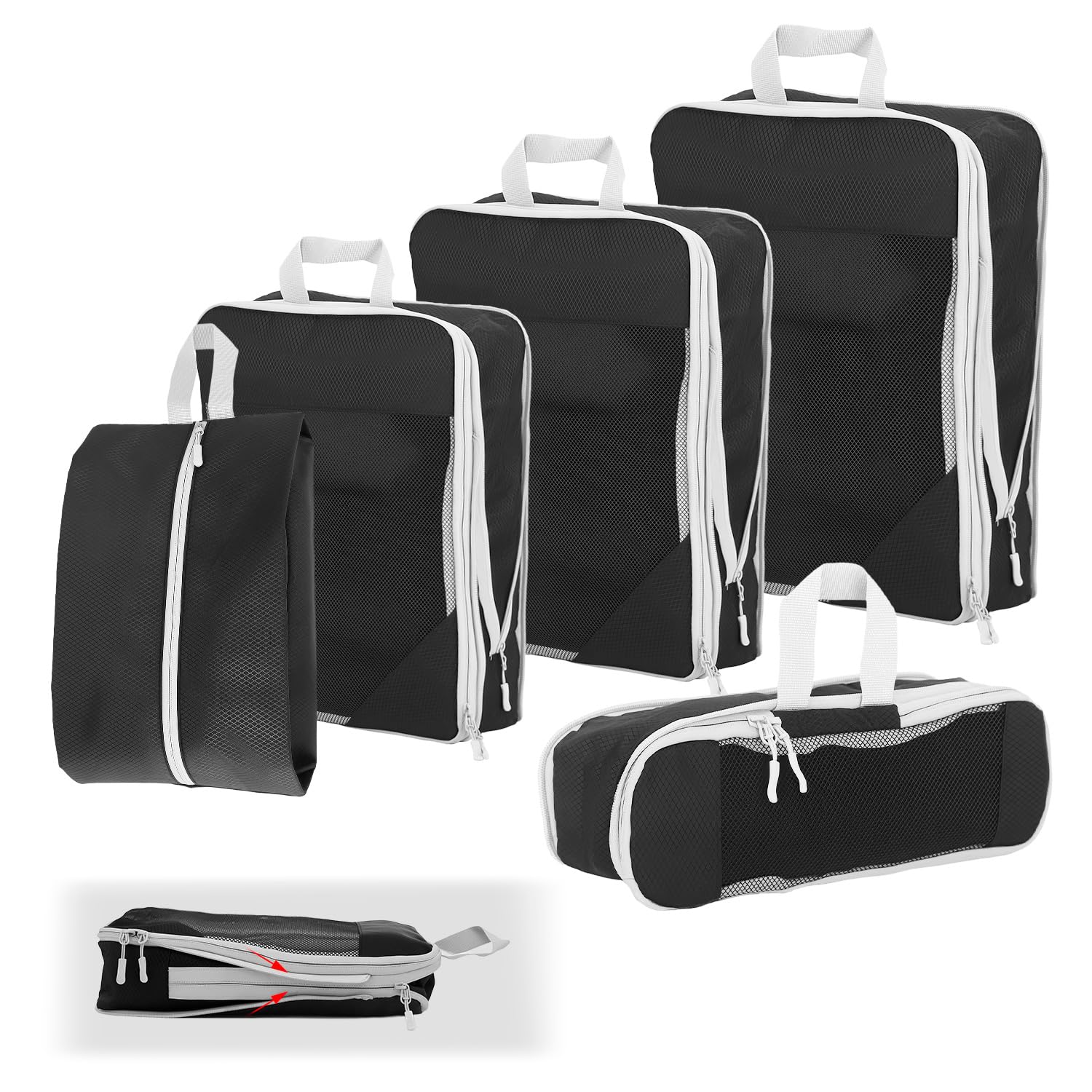 Qwork Black Qwork® 6 Pieces Compression Packing Cubes, Expandable Luggage Organiser Set, Compression Packing Cubes With Shoe Bag, For Suitcases