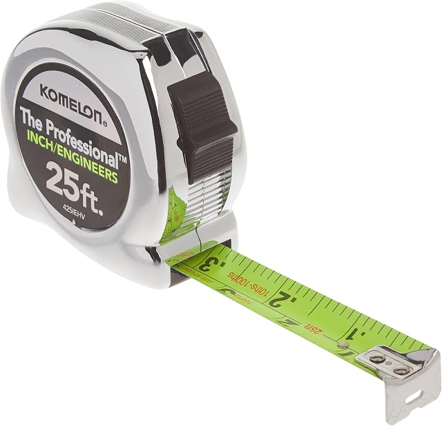 Komelon 425IEHV High-Viz Professional Tape Measure Bother Inch and Engineer Scale Printed, 25-Feet by 1-Inch, Chrome
