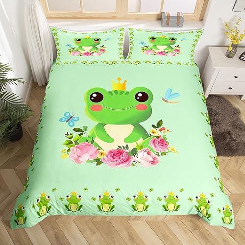 Homewish Juego de ropa de cama de rana verde, funda de edredón de flores rosas para niños, adolescentes, niños, niñas, funda de edredón de mariposa