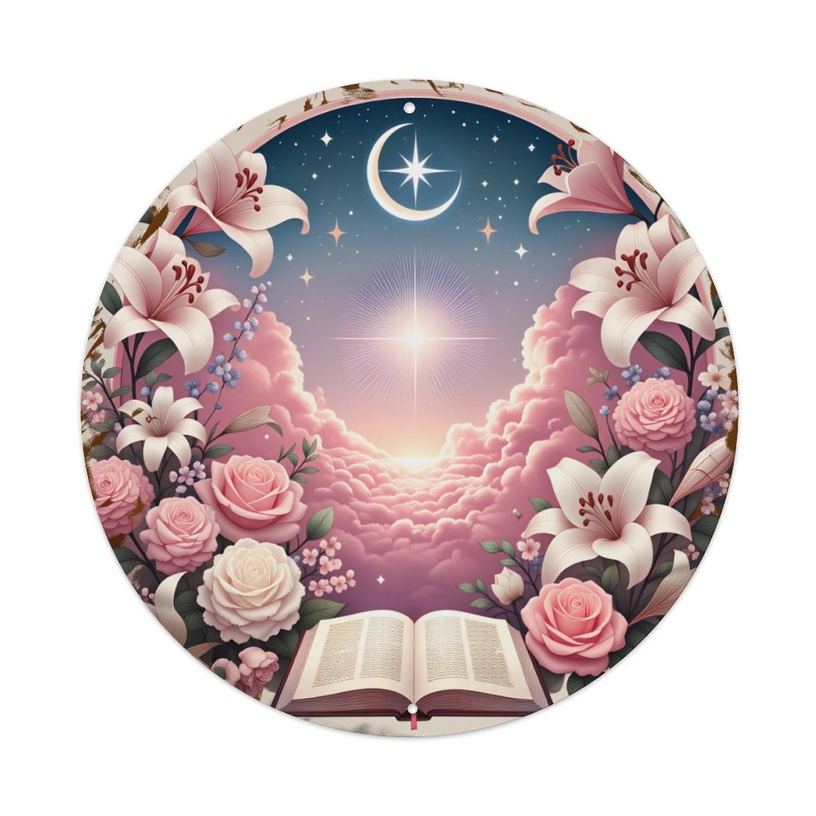 Celestial Flowers Clouds Moon Book Vintage Round Tin Sign Retro Metal Wall Decor Metal Poster, Home Bar Garage Cafe Wall Art Decoration 8x8Inches