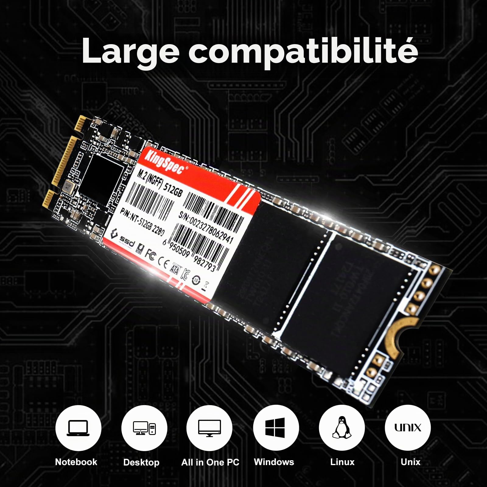 KingSpec SSD 1To M2 SATA 2280, 3D NAND Flash, Interne Disque Dur SSD SATA III 6Gb/s, Compatible avec Desktop et Laptop
