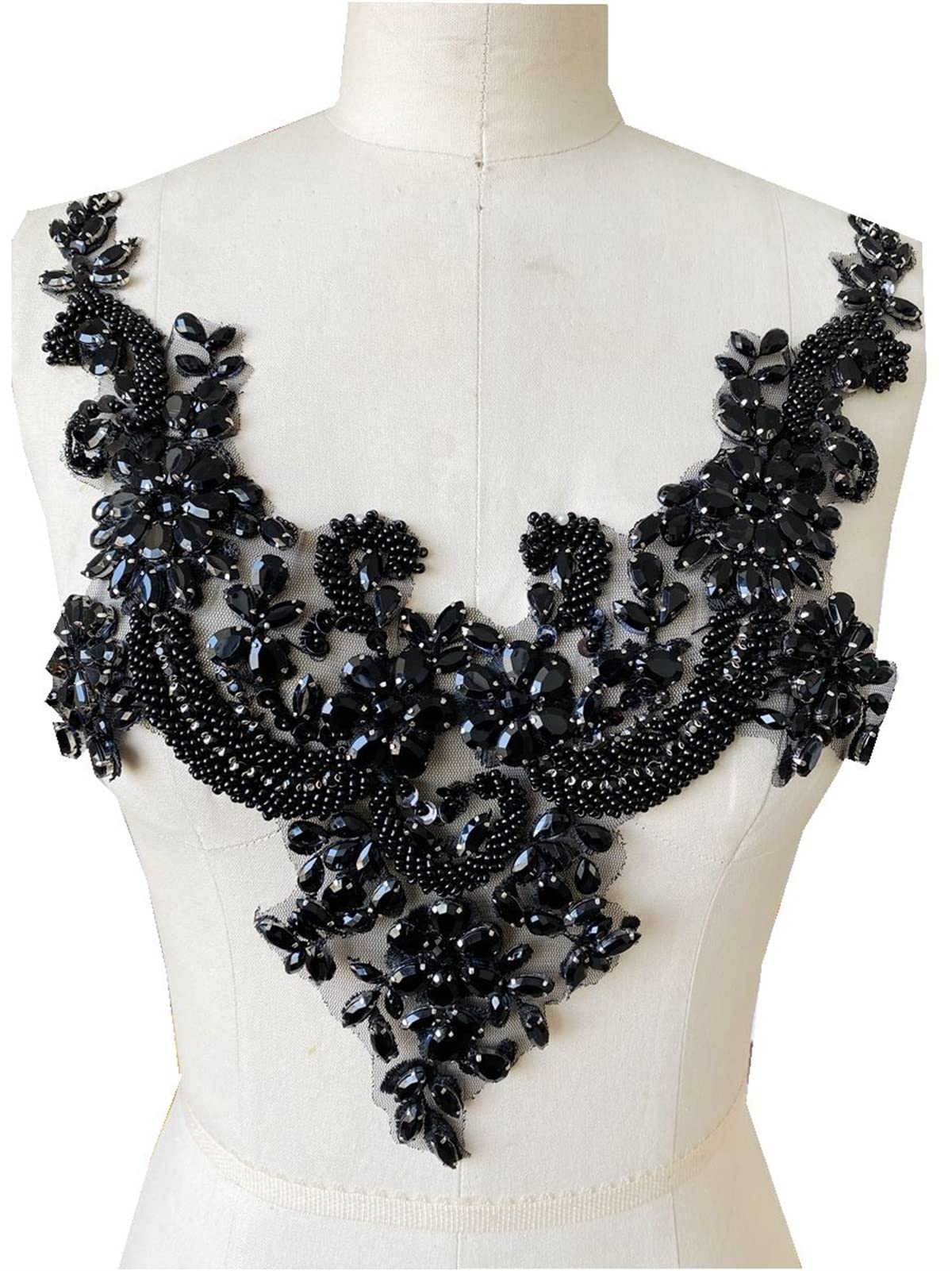 Koronkowa aplikacja Kwiatowy haft Rhinestone Koraliki Haftowane aplikacje Wielokolorowe 15,7 x 13 cali(Black)