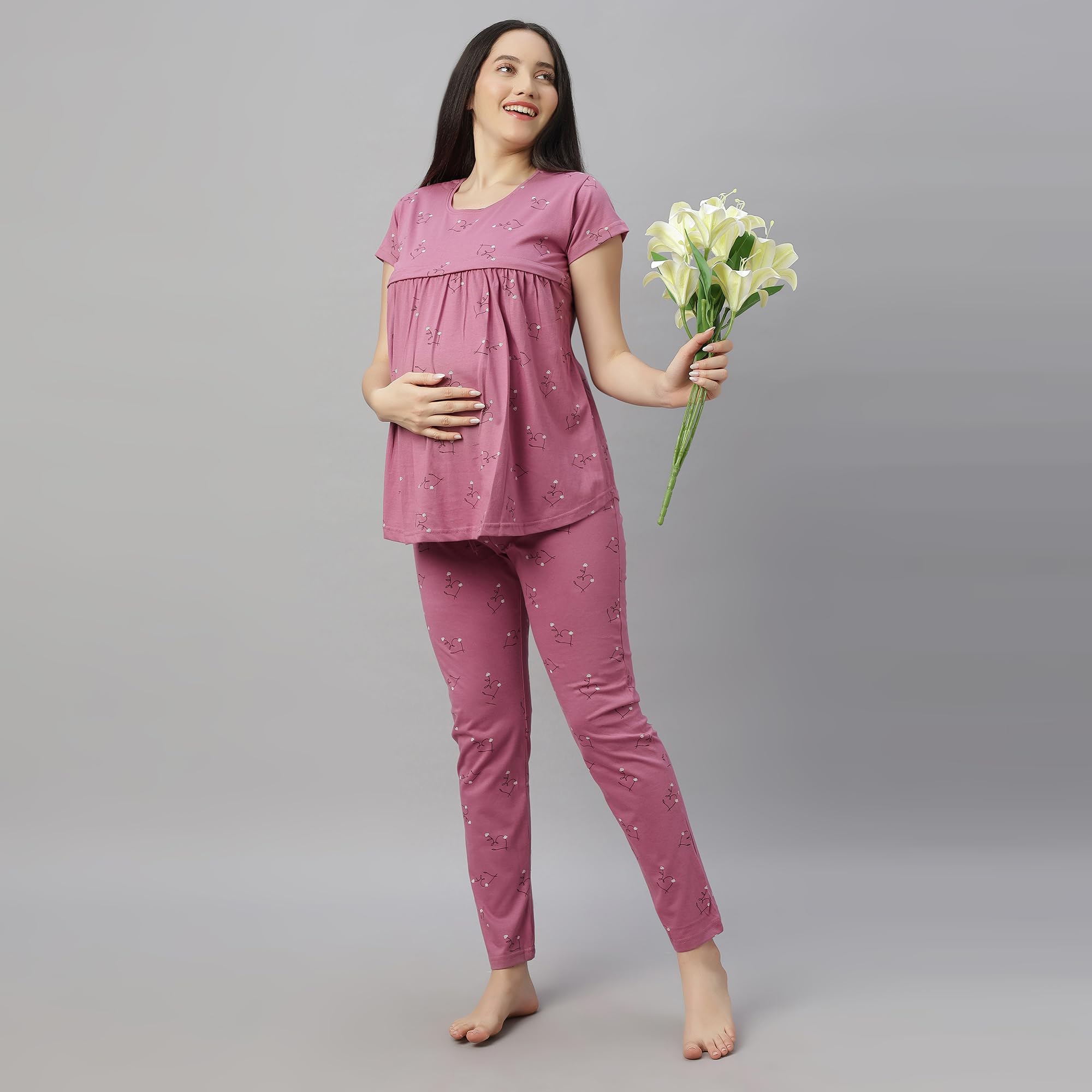 DZZO Women's Cotton Printed Maternity Night Suit | Comfortable Feeding Night Dress | Soft & Breathable Nursing Pajama Set | Color - Pink, Size - 2XL - Image 5 thumbnail