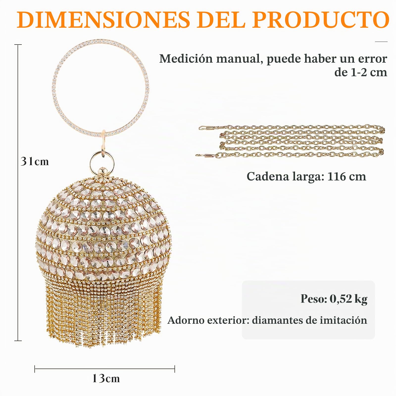 CORIOS Bolso de Noche para Mujer Diamantes de Imitación Clutch Bolso de Mano de Cristal con Bola Redonda Bolso de Fiesta Bolsos Bandolera Bolso de Hombro para Fiesta de Graduación Banquete Dorado