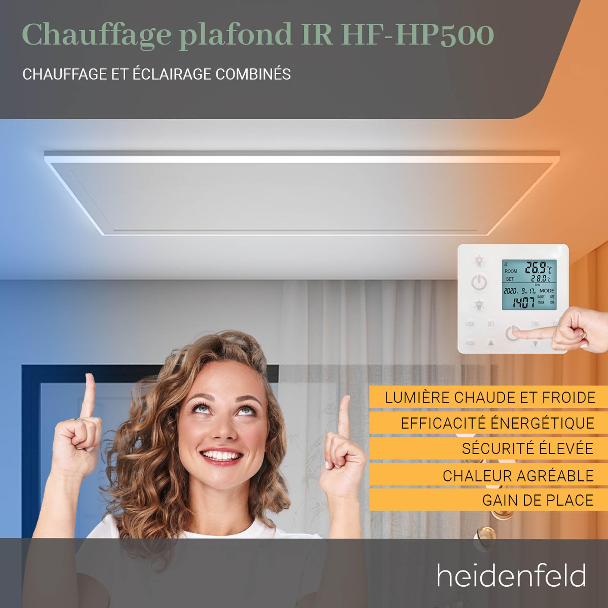 Heidenfeld chauffage infrarouge HF-HP500 avec éclairage | Cadre LED - panneau infrarouge plafond avec thermostat - marque allemande - télécommande (390 W réglable)