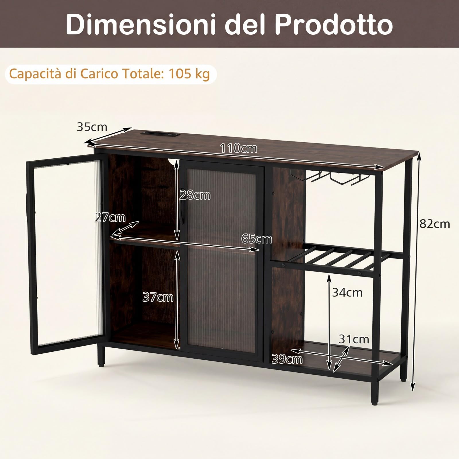 COSTWAY Mobiletto Bar per Vino con Prese di Corrente e Luci LED, Mobile Bar da Terra per Caffè con Portabottiglie e Portabicchieri, Credenza Buffet per Liquori per Cucina, Sala da Pranzo e Soggiorno