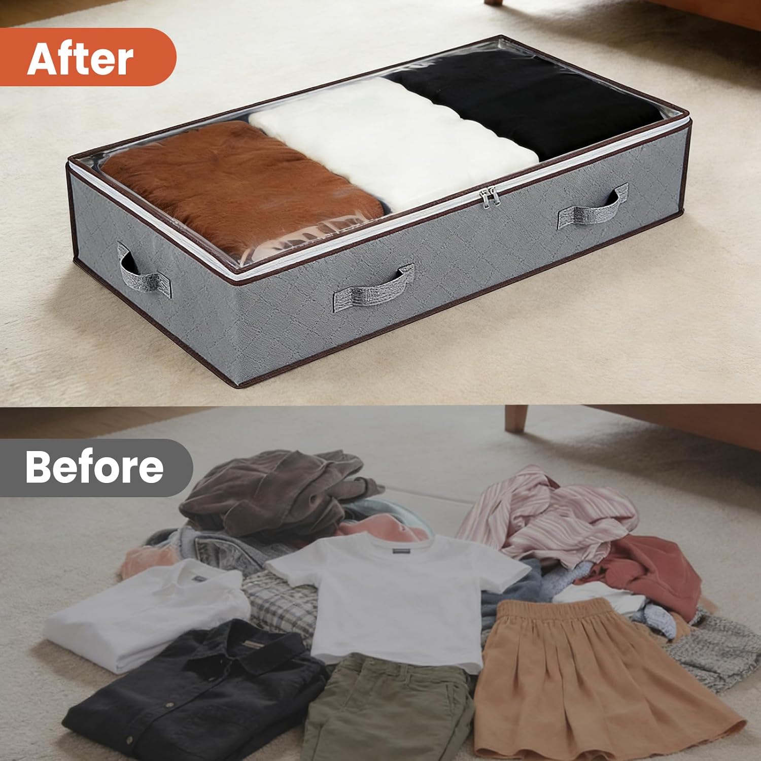 Garvee 90L Under Bed Storage Containers 6 Pack, Foldable Underbed Storage Bags with Clear Window & Reinforced Handles, Large Clothes Storage Bins for Blankets, Bedding, Clothes, Pillows, Grey