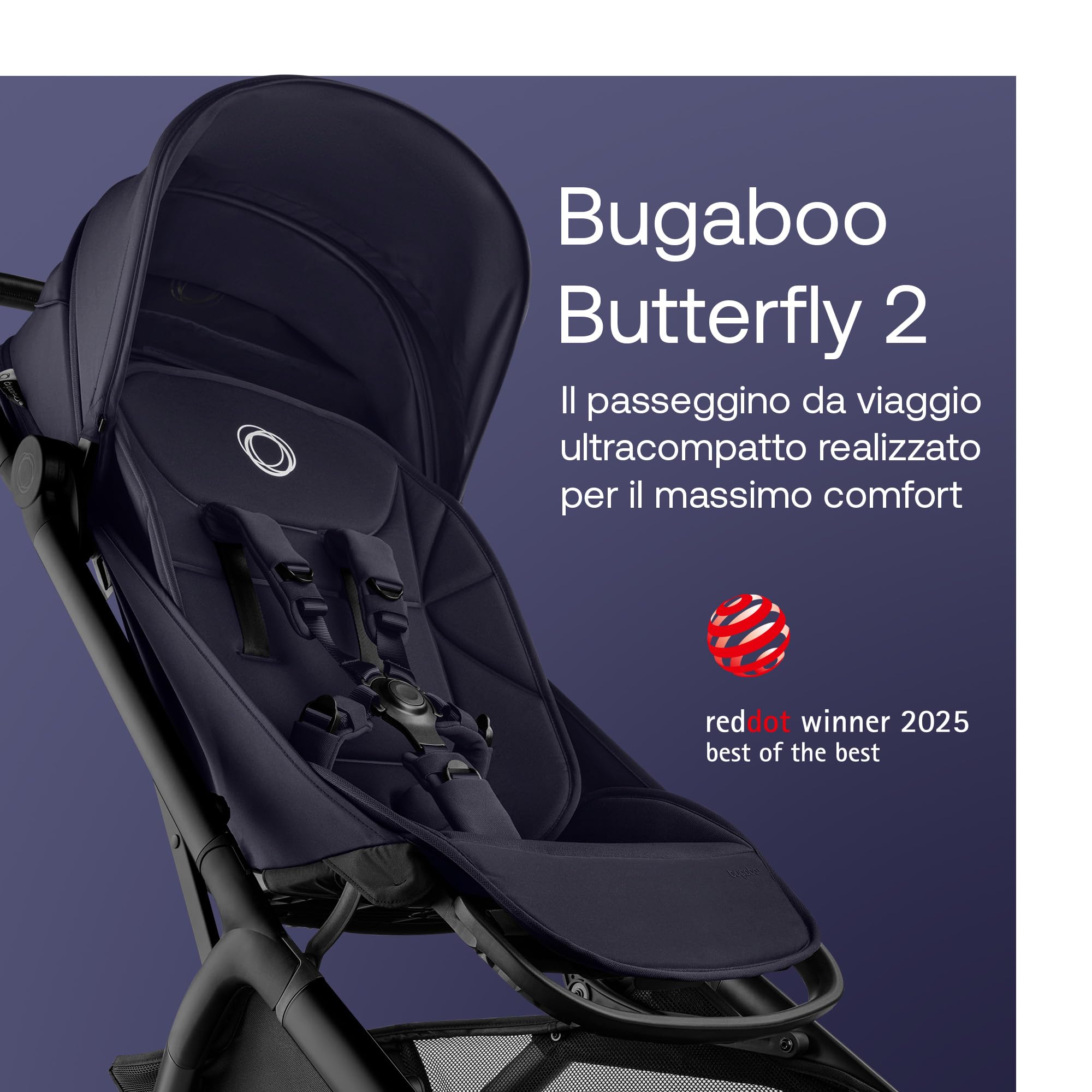 Bugaboo Butterfly 2 Passeggino da Viaggio – Sistemi Modulari con Maniglione e Parapioggia – Leggero, Piegabile con Una Mano, Seduta Reclinabile, Da 6 Mesi a 4 Anni – Deep Indigo