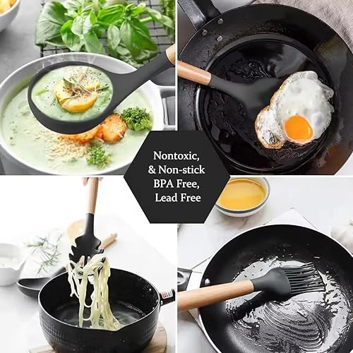 Miniatura 2 de Juego de utensilios de cocina de silicona de alta calidad, 33 piezas, resistente al calor a 446 F, antiadherente, sin BPA, asas de madera, espátula,