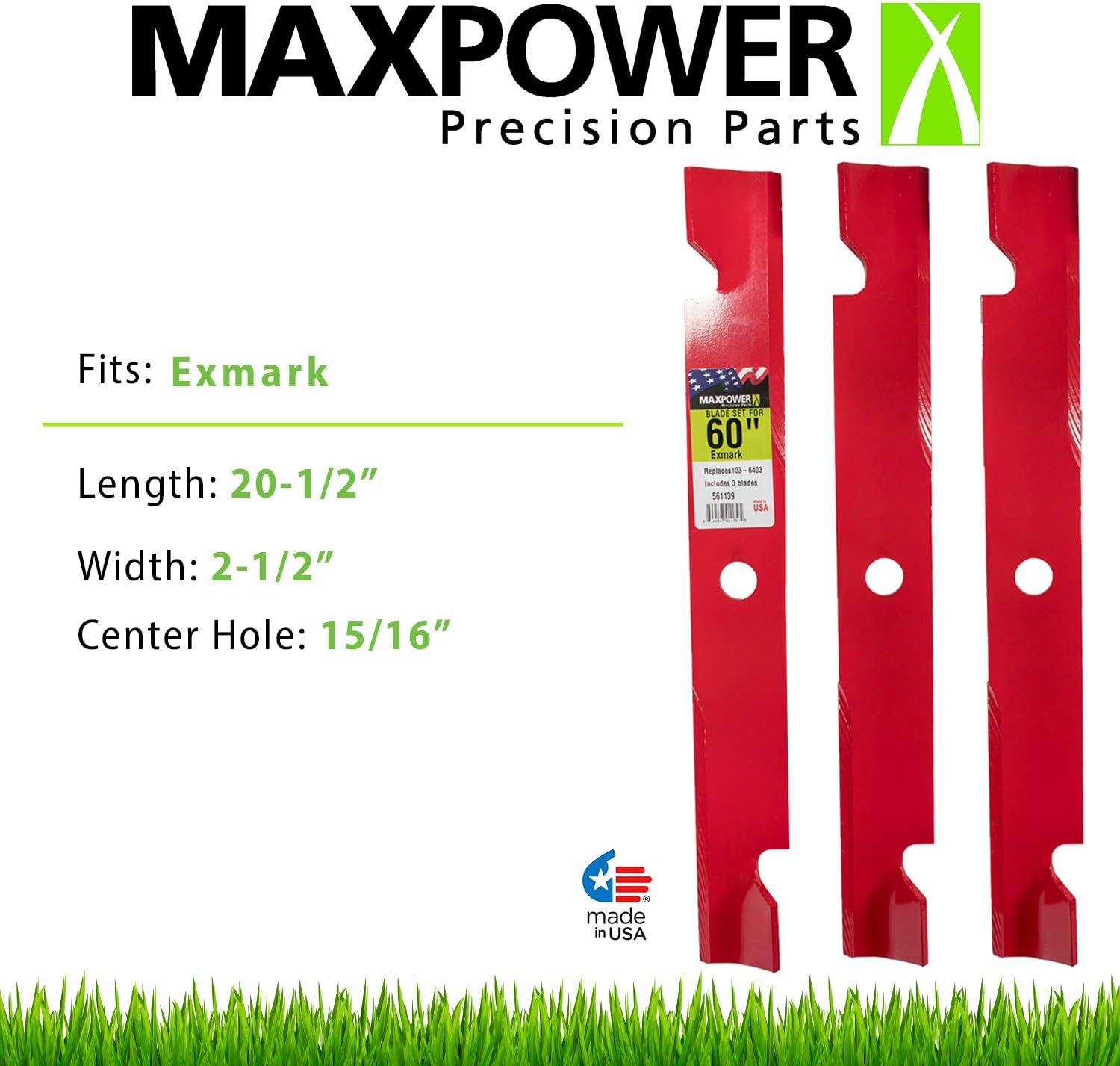 MaxPower 561139B Heavy Duty 3 Blade Set for 60" Cut Exmark, Replaces OEM no. 103-6403, 103-6403-S, Red