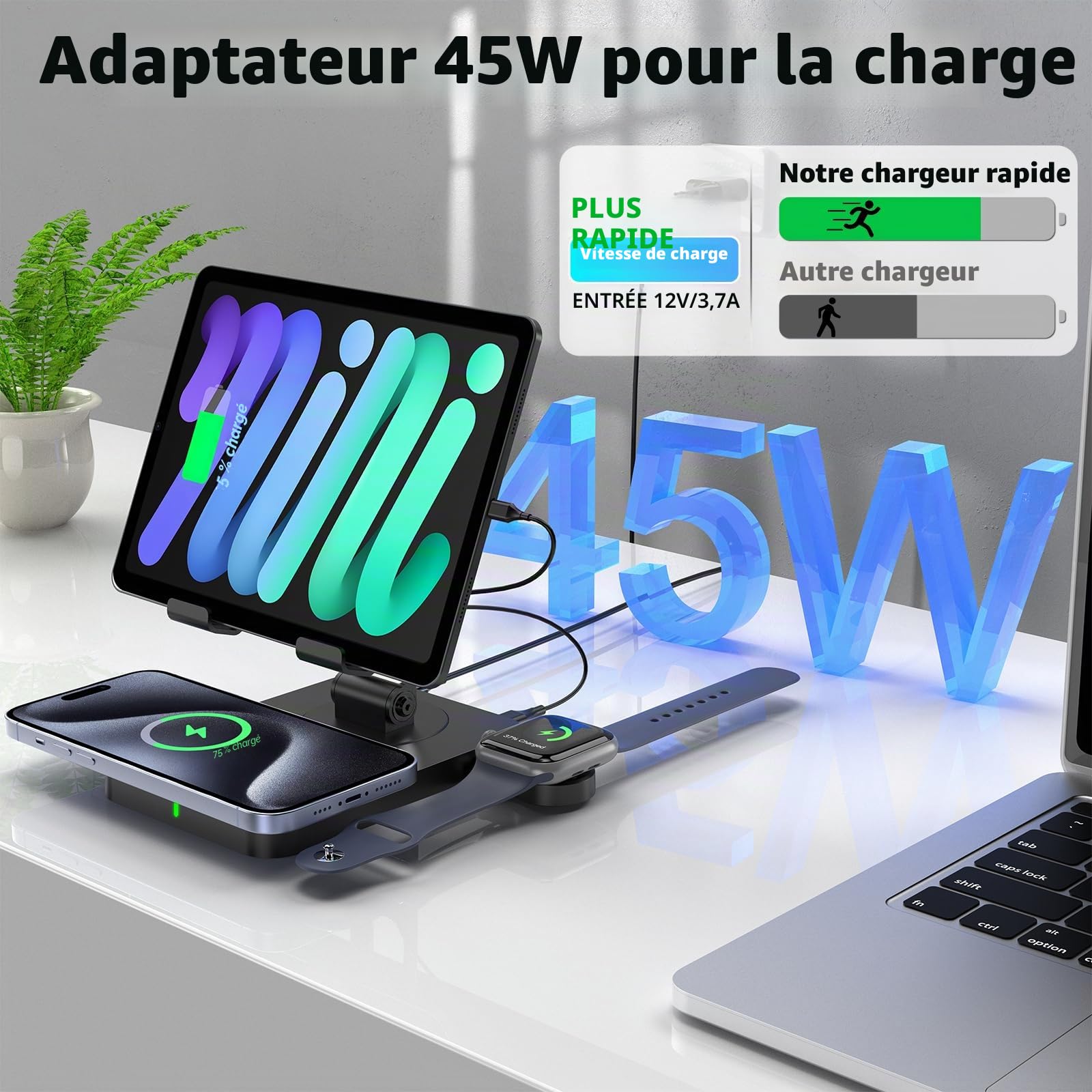 Chargeur sans Fil pour Apple, Station de Charge Multiple 3 en 1 pour iPhone 16/15/14/13/12, Chargeur pour Apple Watch 10/9/8/7/6/SE/5, Chargeur pour AirPods 4, Support de Station de Charge pour iPad