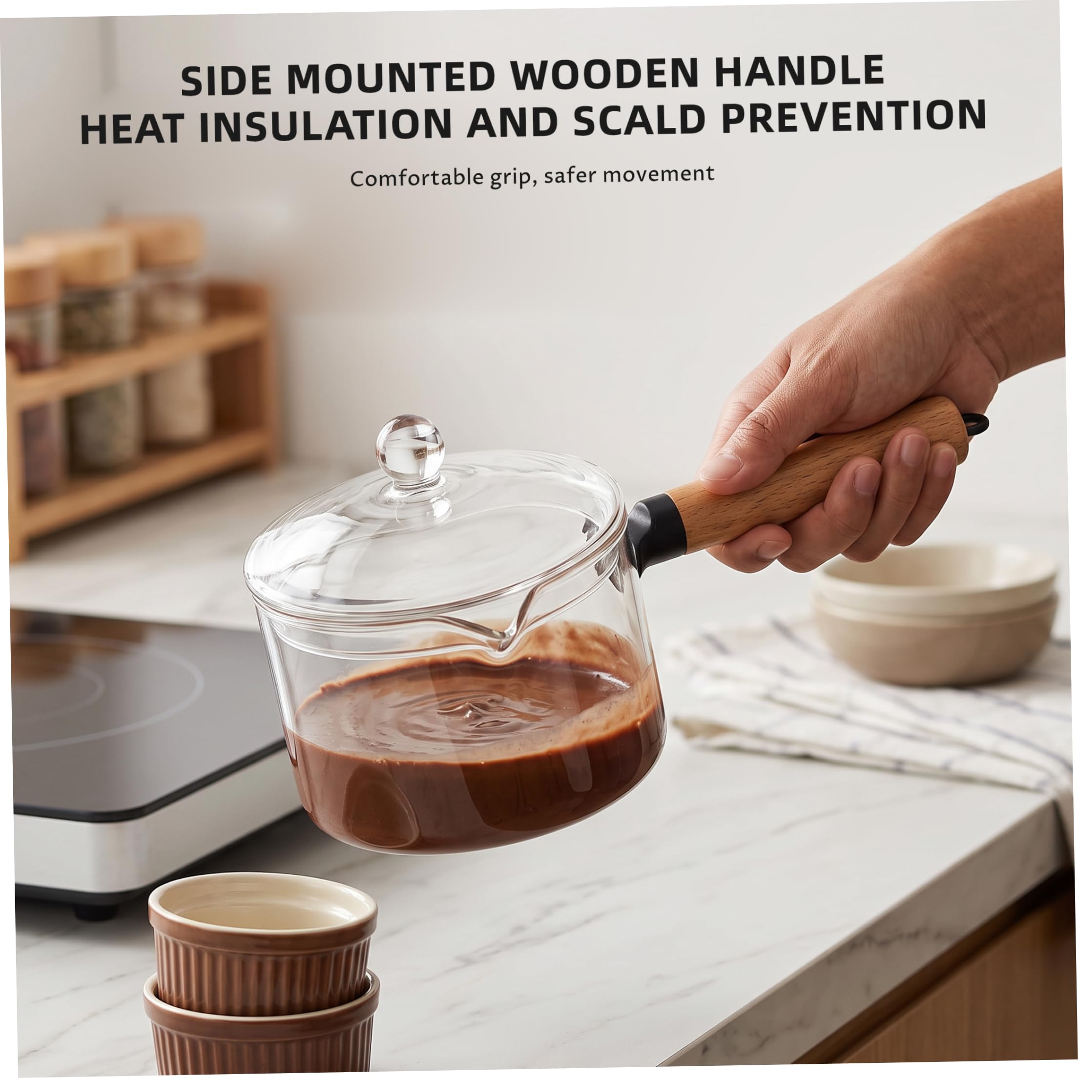Pentola per il latte con manico in legno Pentole in vetro trasparente da 1900 ml per cucinare sul fornello