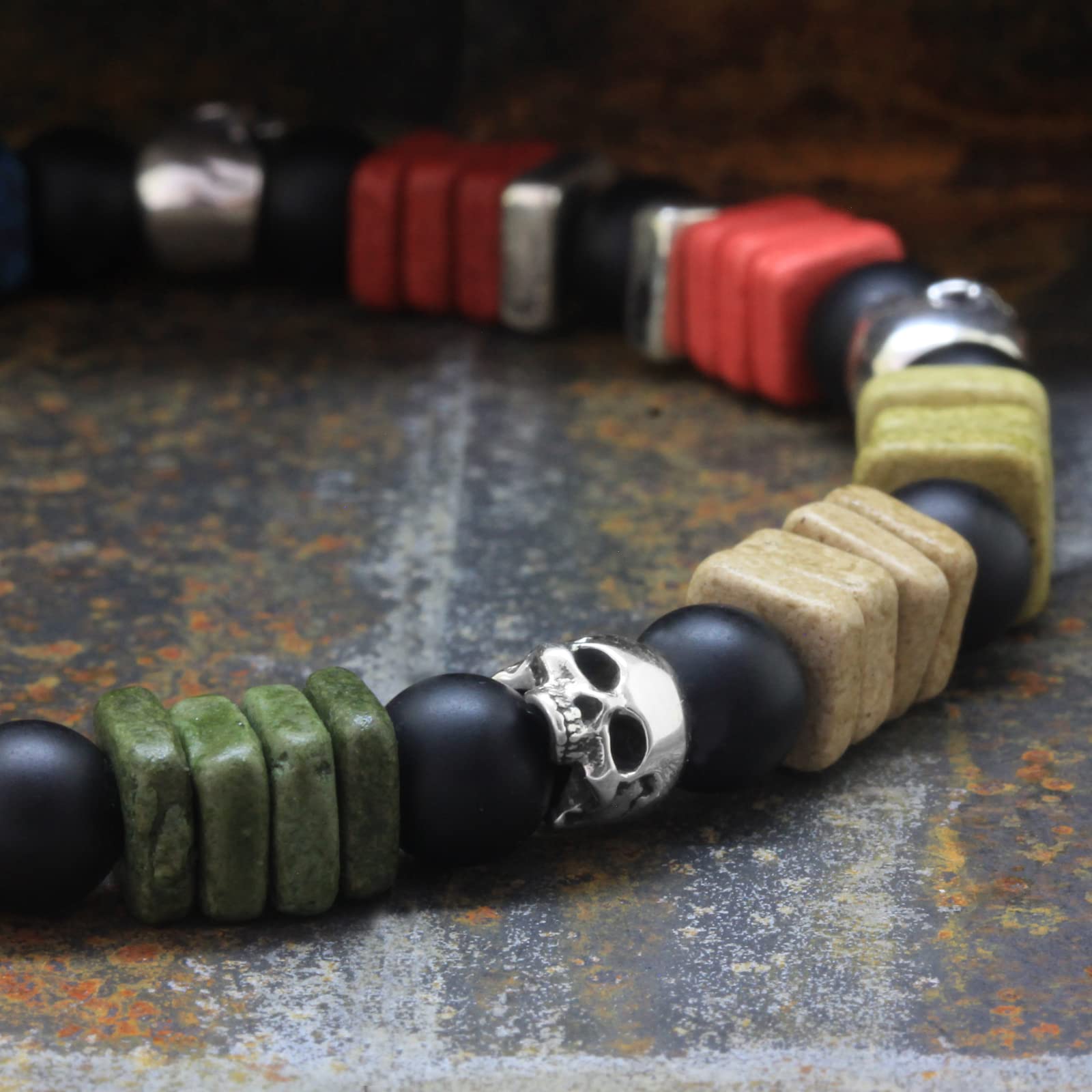 Nato Cuff, 925 Sterling Silver Skull Bracelet, Artisanal Greek Ceramic Beads, Onyx Gemstones Beads - Image 4
