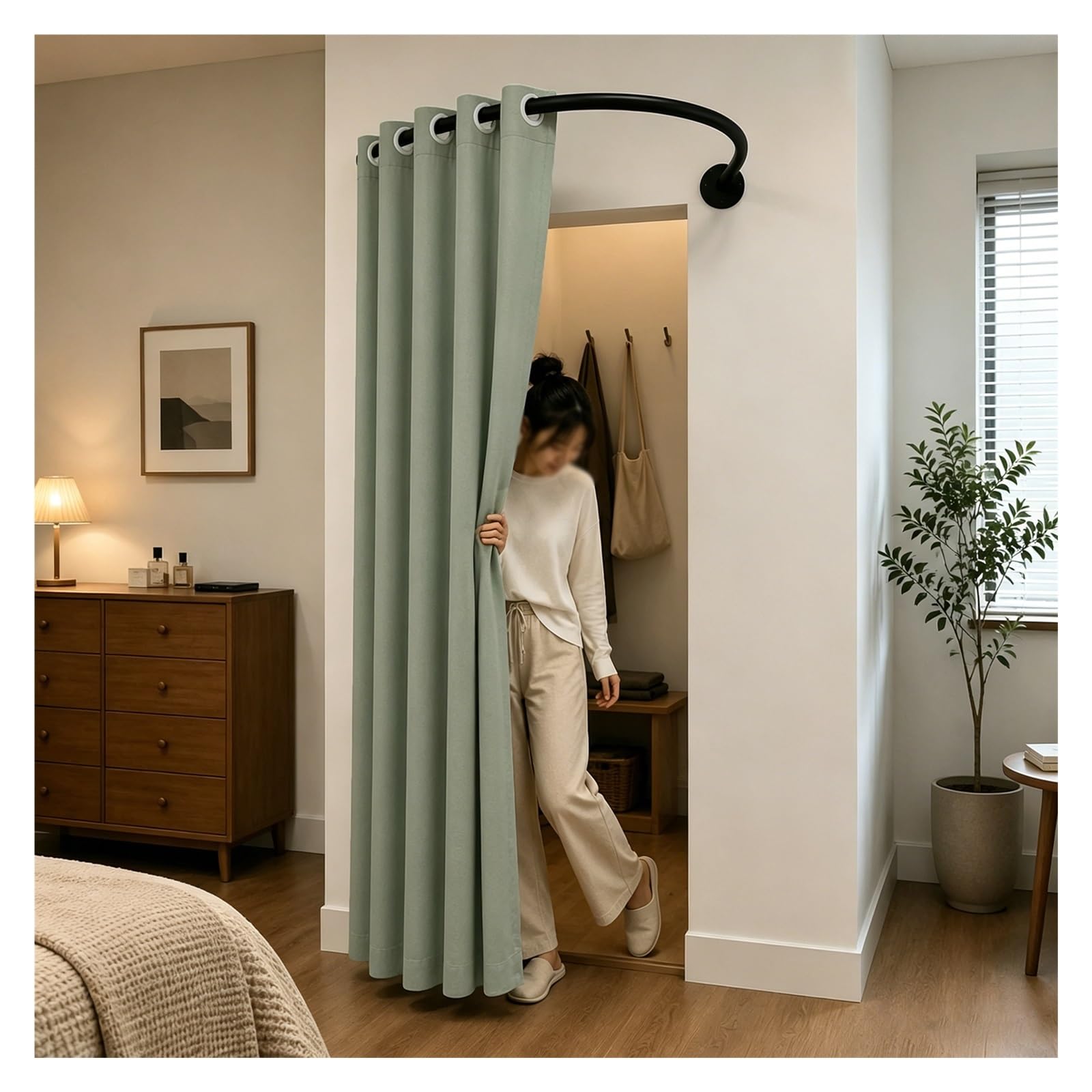 ZJKXJH U Shaped Privacy Changing Curtain, Clothing Store Fitting Room Drapes, Space Saving Partition Curtain for Privacy Protection and Room Divider(Black Rod+D Curtain,130cm)