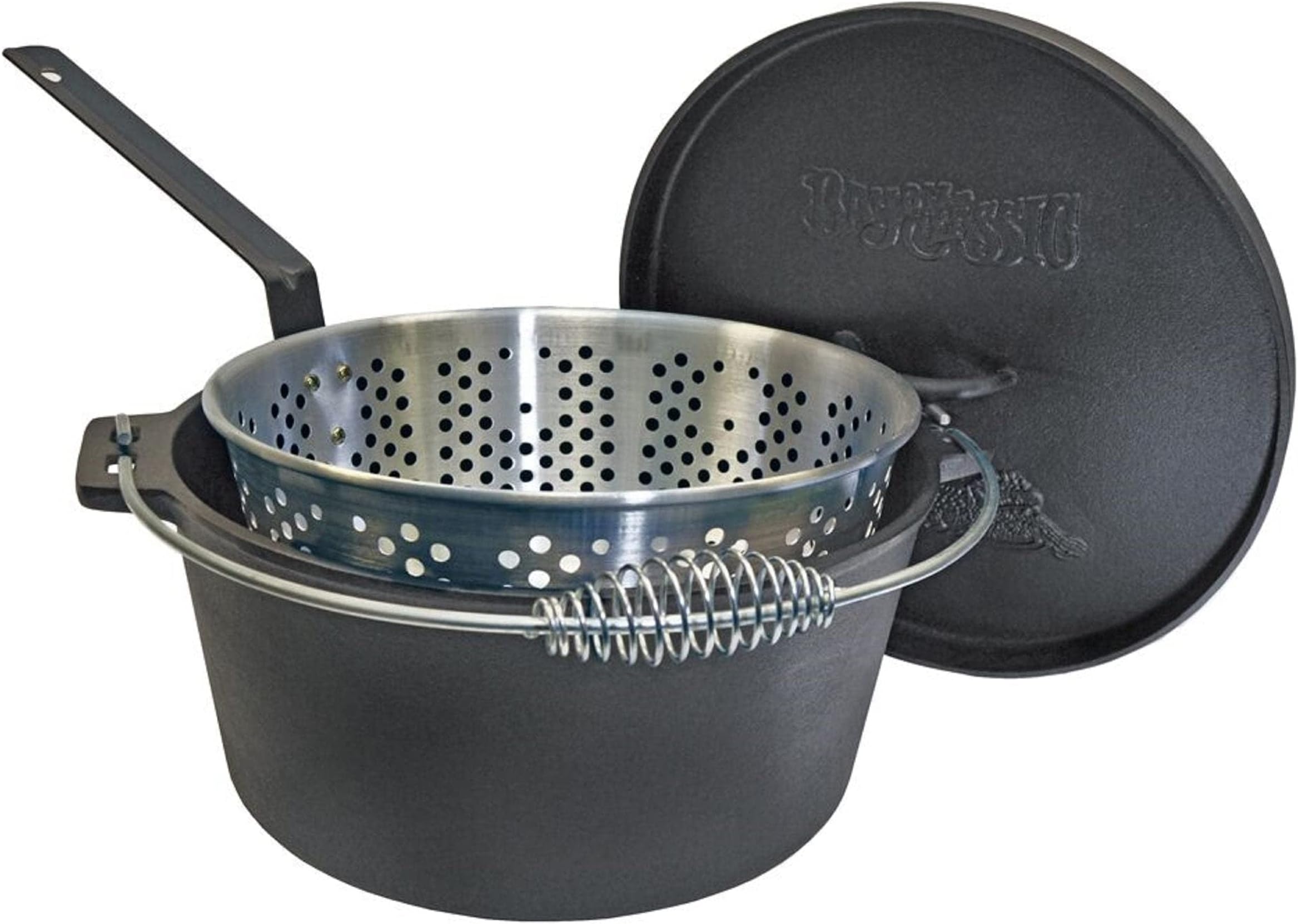 7465 14-qt Cast Iron Dutch Oven w/ Perforated Aluminum Fry Basket Features Flanged Camp Lid Stainless Coil Wire Handle Grip Perfect For Baking Frying One-Pot Meals Stews and Chili