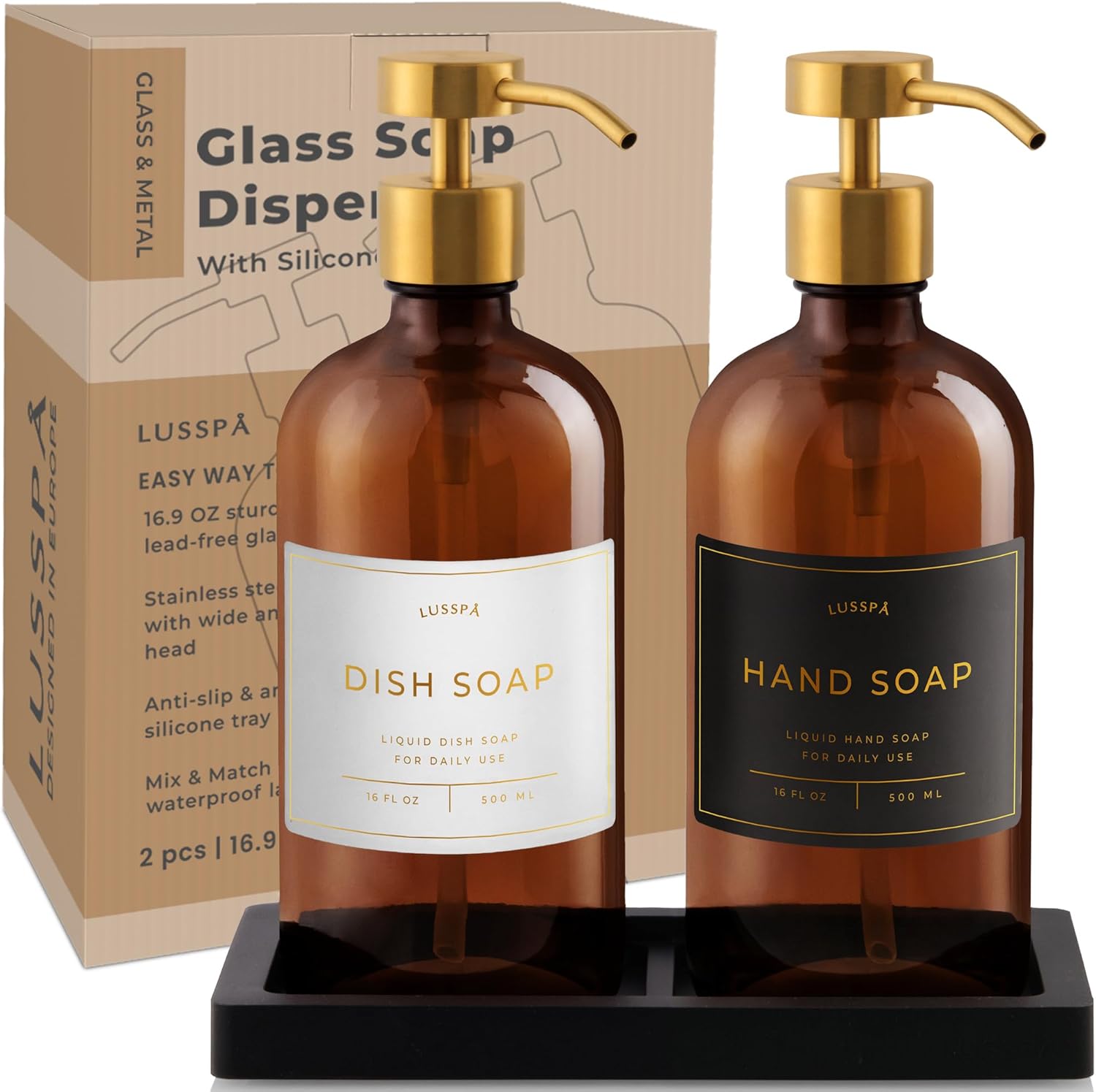 Glass Soap Dispenser Set of 2 (Amber) with Silicone Tray | Hand and Dish Soap Dispenser for Kitchen and Bathroom | 16.8 Oz Glass Bottles with Stainless Steel Pump & 15 Waterproof Labels (Amber/Gold) - Image 7