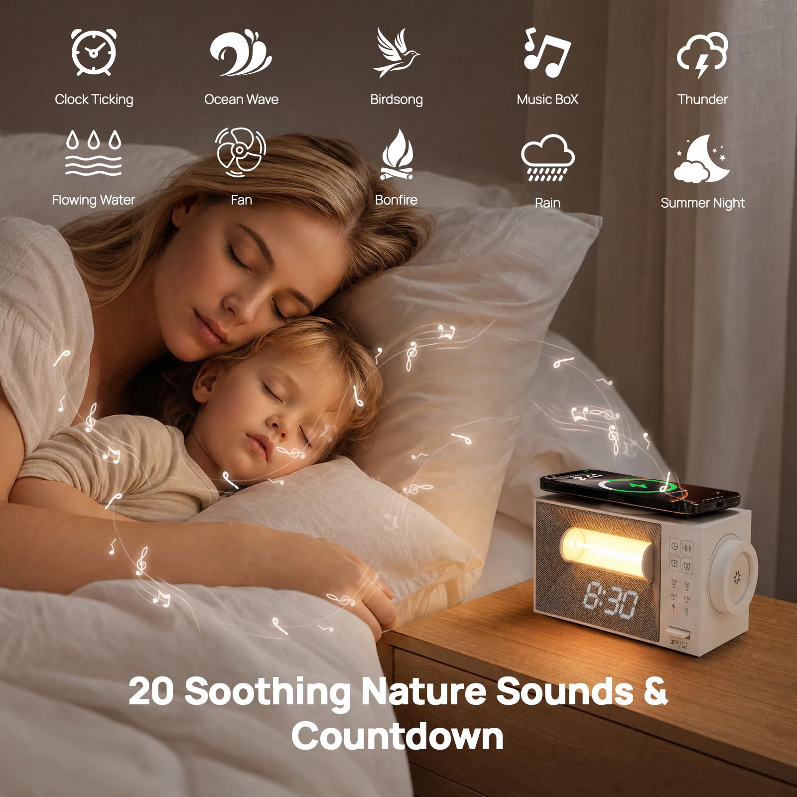 Despertador digital con estación de carga, cargador rápido inalámbrico de 15 W, despertador digital con 20 sonidos naturales, luz nocturna, lámpara de noche con luz diurna, despertador con función de