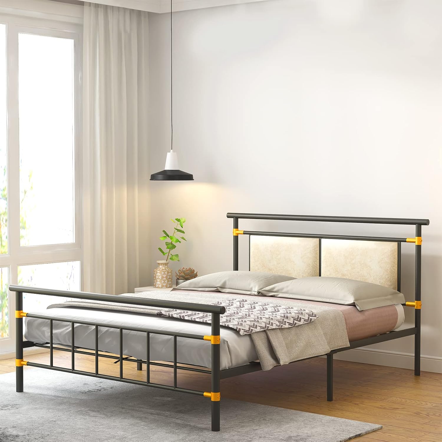 Recaceik Full Metal Bed Frame, Sturdy Platform Bed with Headboard & Footboard, No Box Spring Needed, Under Bed Storage, Non-Slip Without Noise, Gold, 75x58x38 inches, 500 lbs Weight Capacity