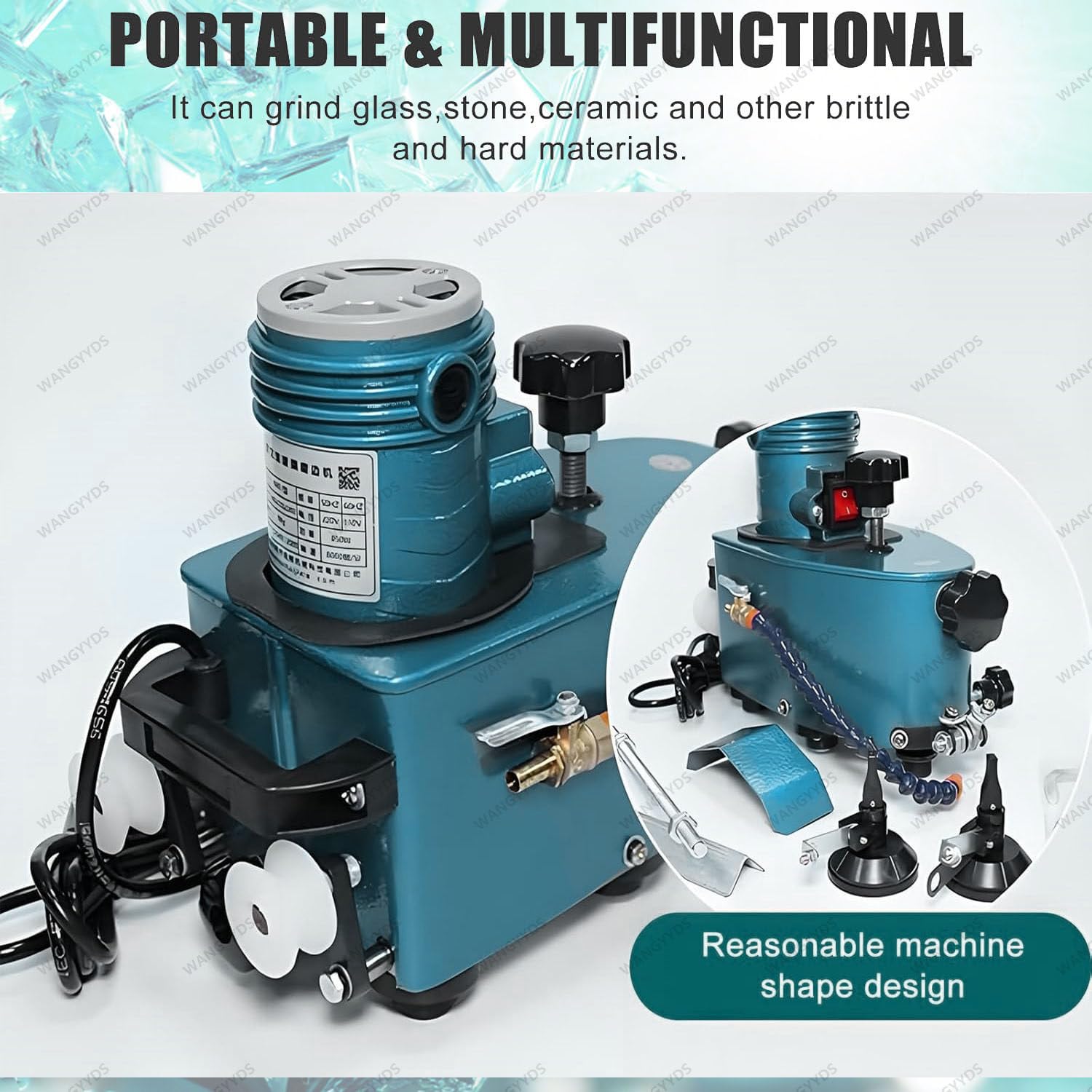 Canteadora De Vidrio Portátil Pequeña, Pulidora De Bordes Eléctrica para Plexiglás, Acrílico, Mármol Y Cerámica con 8 Ruedas De Diamante Y 2 Discos De Pulido Blue