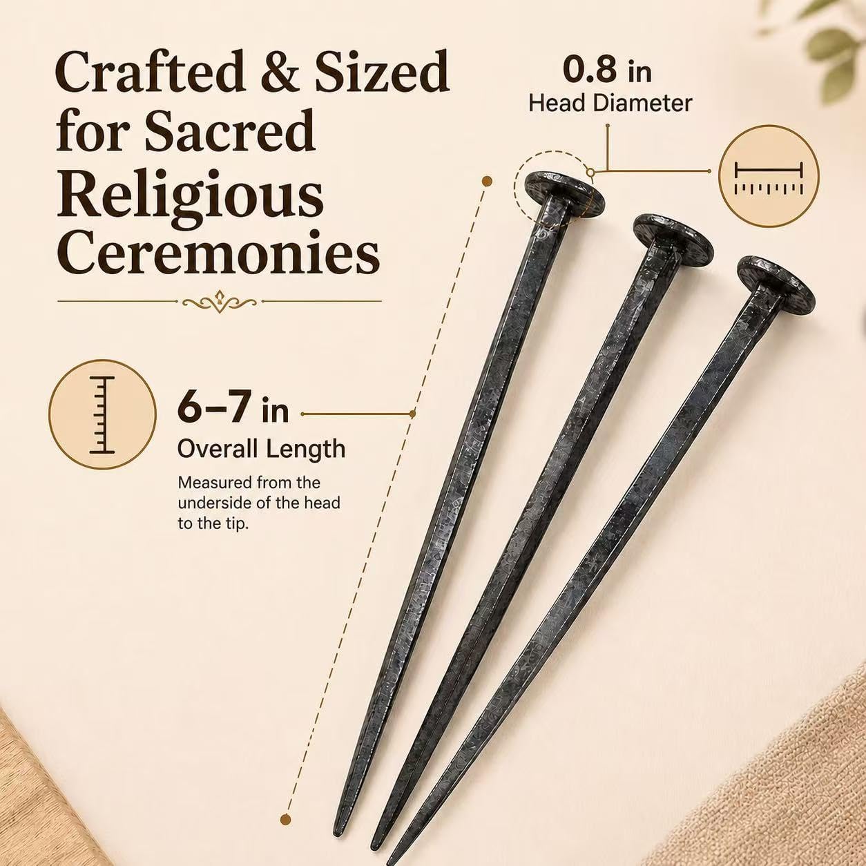 3 Pcs Hand Forged Crucifixion Nails, Wrought Iron Nails for Jesus Cross, Religious Decor & Easter Displays, Flat Head Nails with Natural Rust & Forged Oxide Layer, Original Grey Iron Finish