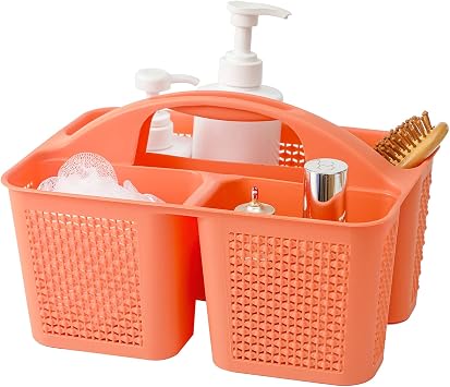 Plastic Portable Shower Caddy Basket with Handle, 3 Compartments, Orange
