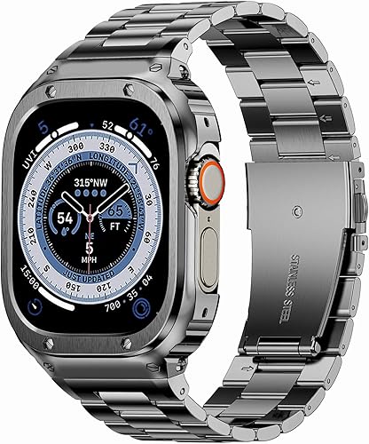 MioHHR Correa y funda de acero inoxidable compatible con Apple Watch Band de 1.929 in, cubierta protectora de metal para hombres para iWatch Ultra