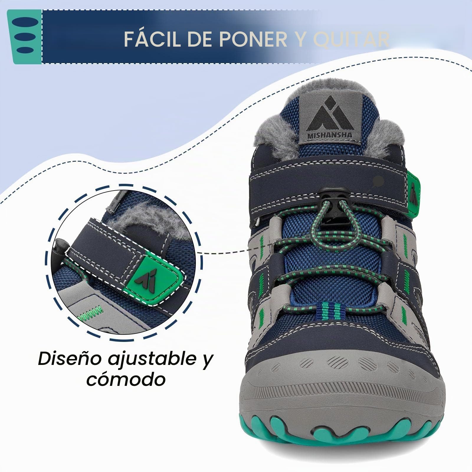 Mishansha Botas de Nieve Niño Botas Antideslizantes, Azuloscuro 26 | Forro cálido, cierre de autollenado, puntera reforzada, suela con dibujo, colegio, paseos, nieve