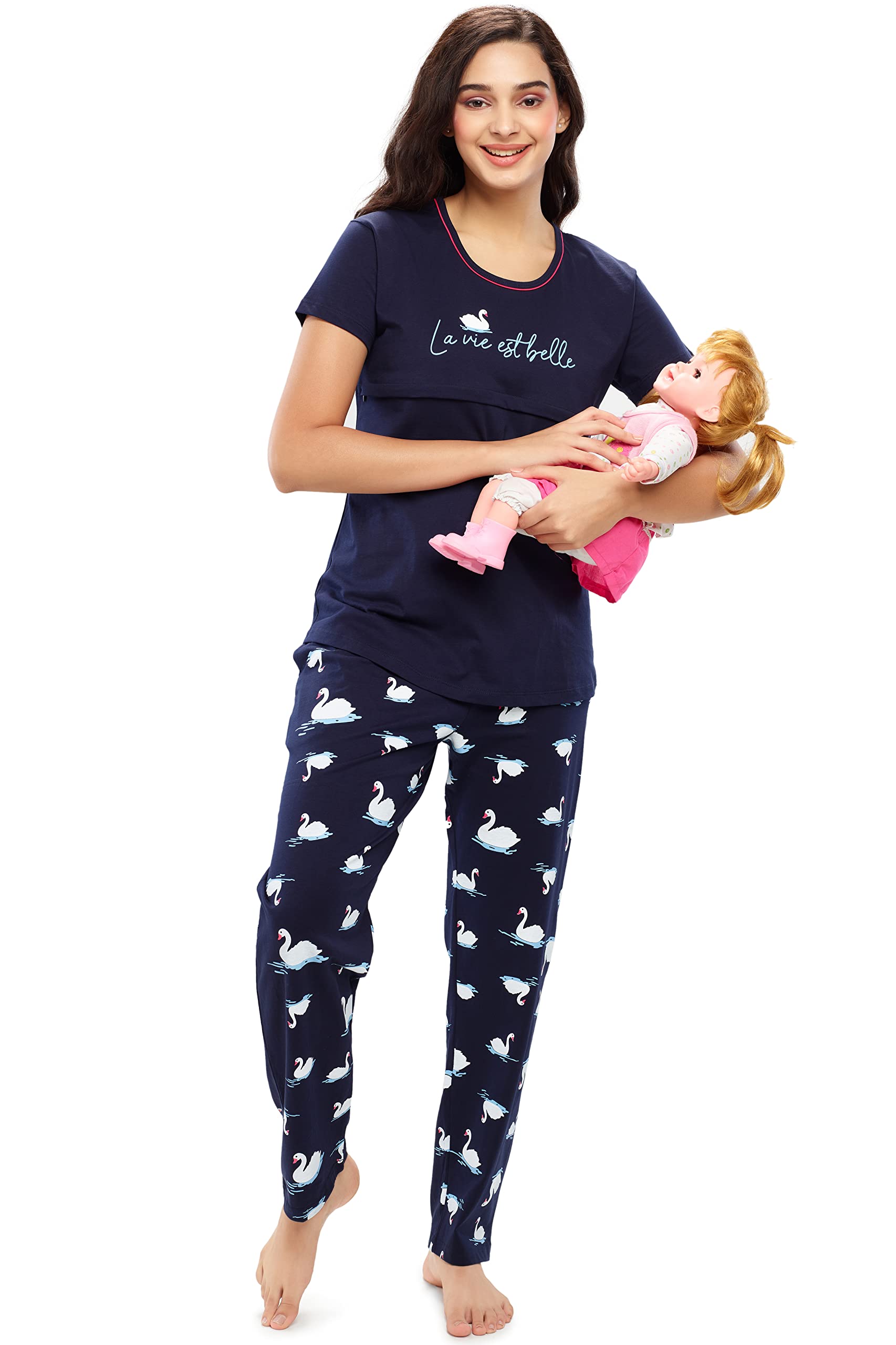 zeyo Women's Cotton Swan Printed Feeding Night Suit Set Of Top & Pajama Set Nursing Night Dress 5630-picture-15