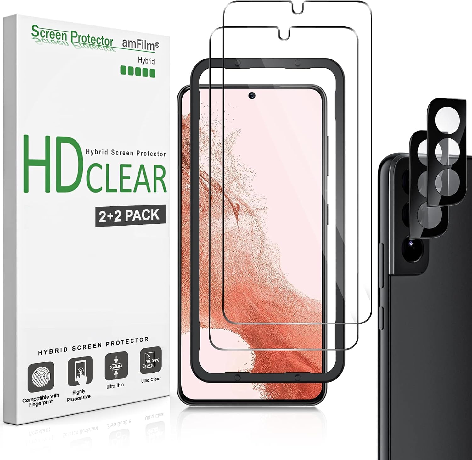 amFilm Hybrid Screen Protector for Samsung Galaxy S22 Plus 5g 6.6 inch, Samsung Galaxy S22 + 5g 6.6 inch, Fingerprint Compatible, Camera Lens Protector, HD Clear, Thermoplastic Elastomers, 2 Pack