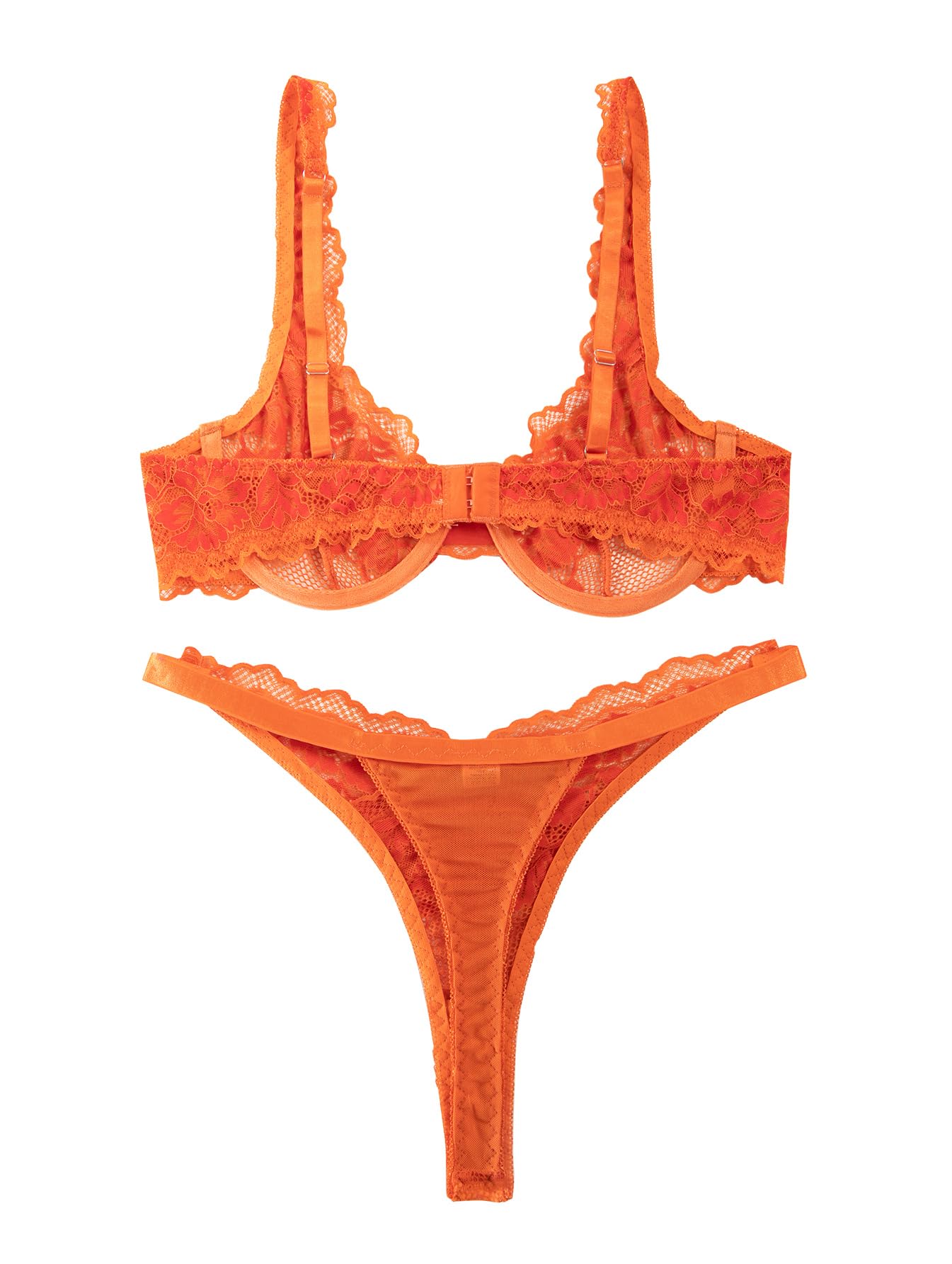 Lilosy Sexy Floral Lace Scallop Underwire Push Up Sheer Lingerie Set Outfits: X-Large Orange