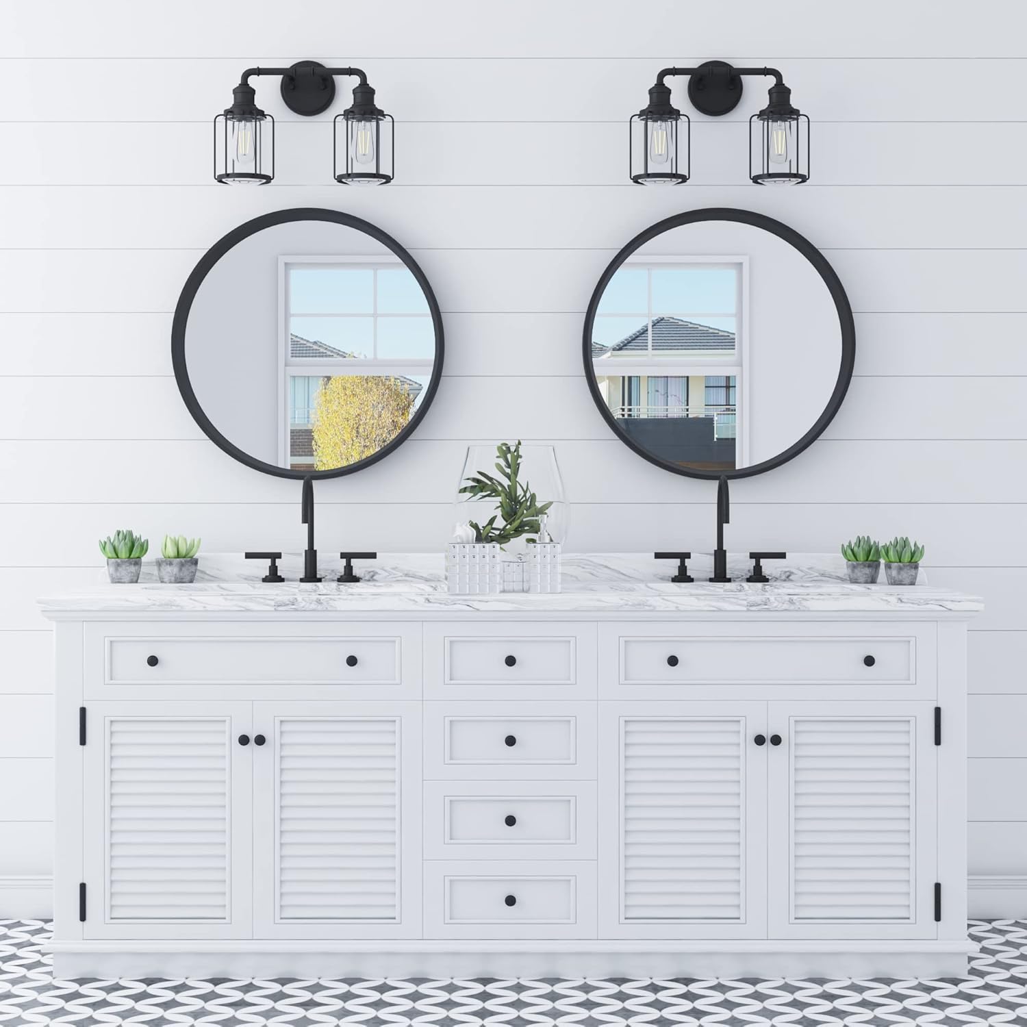 Prominence Home Lincoln Woods 2 Light Matte Black Industrial Bathroom Vanity Light with Cage and Clear Glass - 51544-01