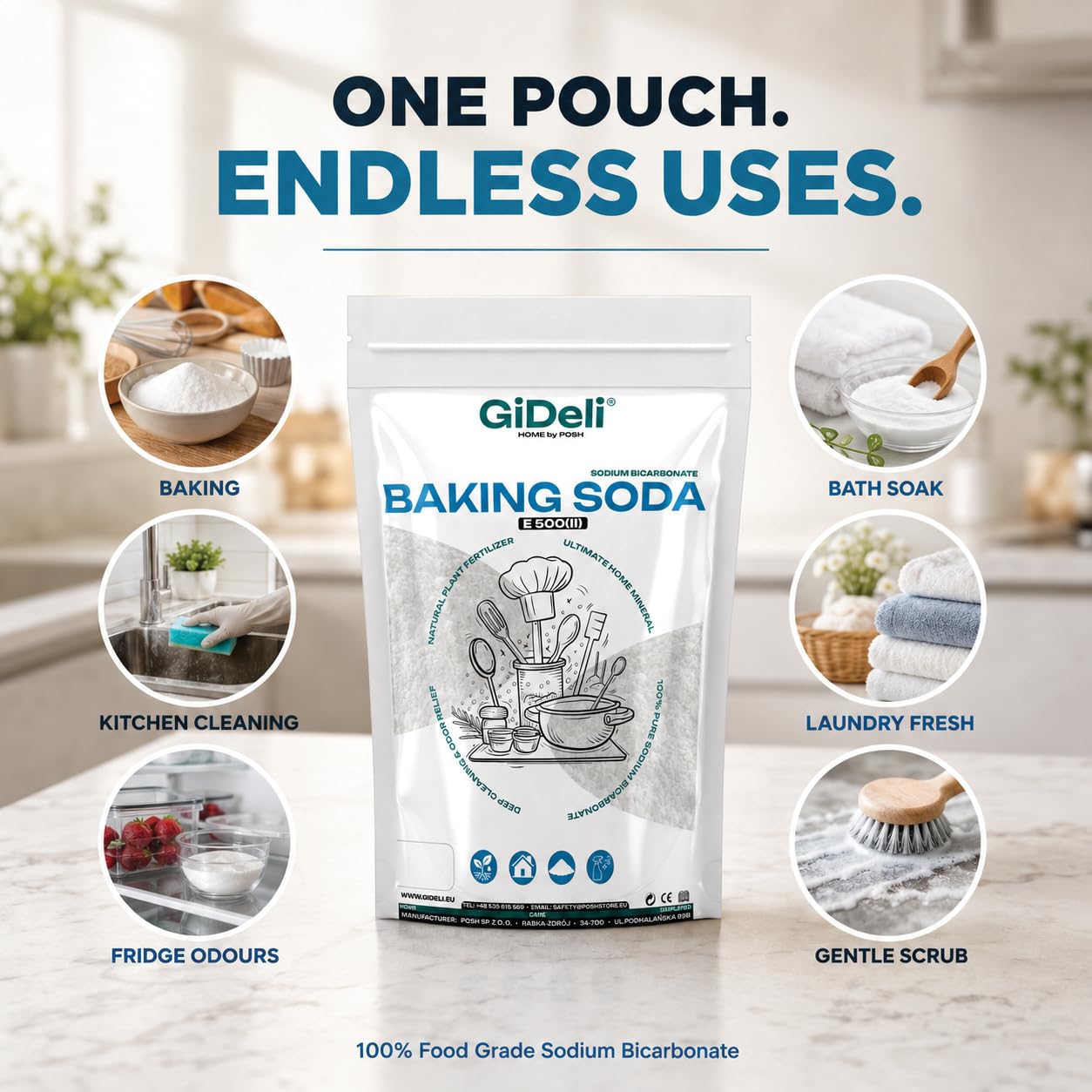 GiDeli Bicarbonato de Sodio 4x5kg - Perfecto Para Cocinar Pasta y Hornear - También se Utiliza Para Lavar y Limpiar - Uso Versátil en el Hogar - Regulador de la Química del Agua de la Piscina