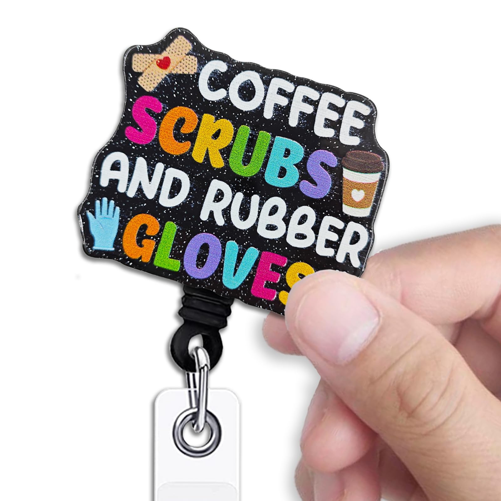 KANGYUSO Funny Nurse Retractable Badge Reel, Coffee Scrubs and Rubber Gloves Black Glitter Badge Reel with Alligator Clip, Funny ID Card Badge Holder
