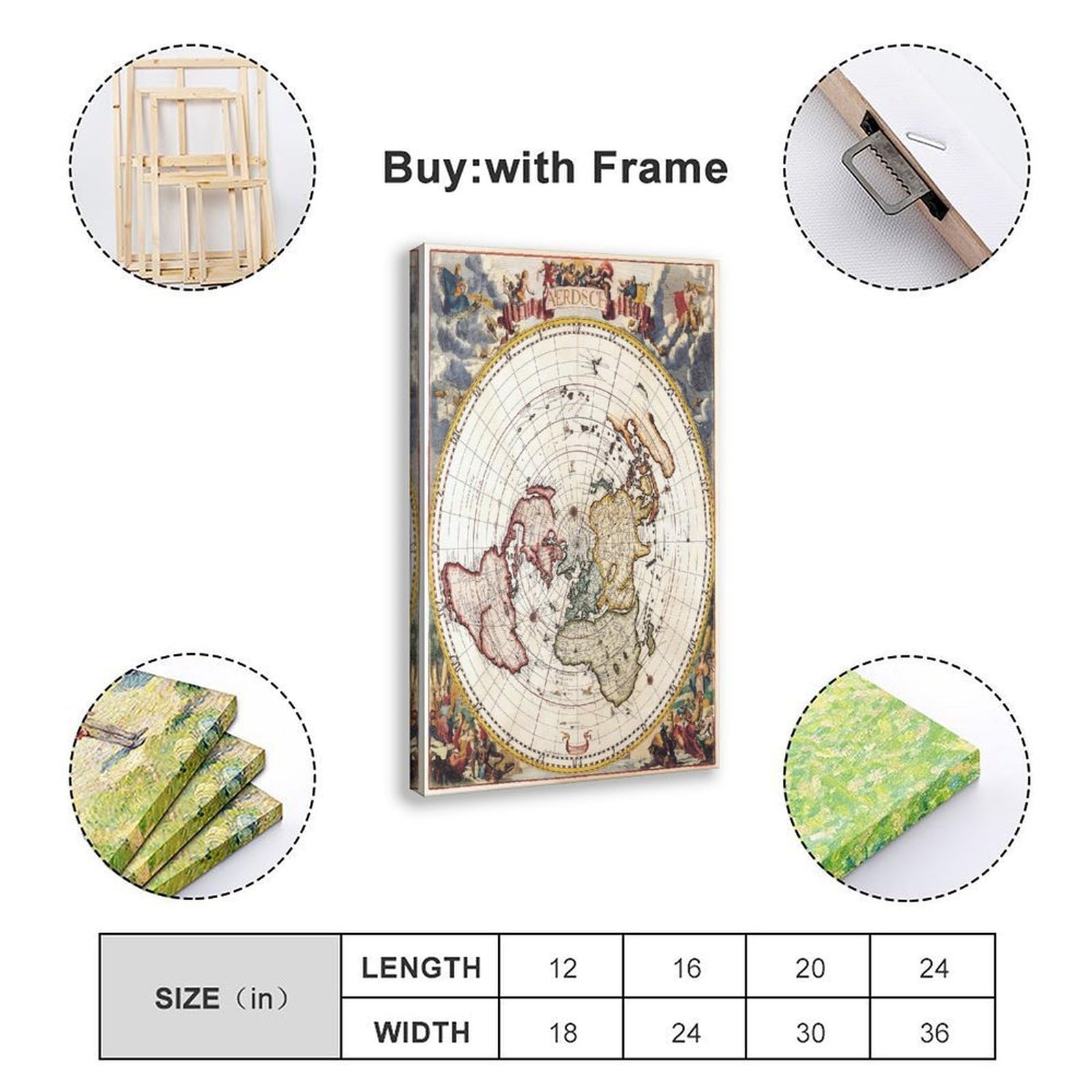 WCYB Flache Erde Weltkarte Vintage – Jacob Harrewyn – Polar-Azimut-Projektionsdrucke, Poster, Leinwand, Dekoration, Gemälde, Wandkunst für Büro, zum Aufhängen, Rahmen, 40,6 cm