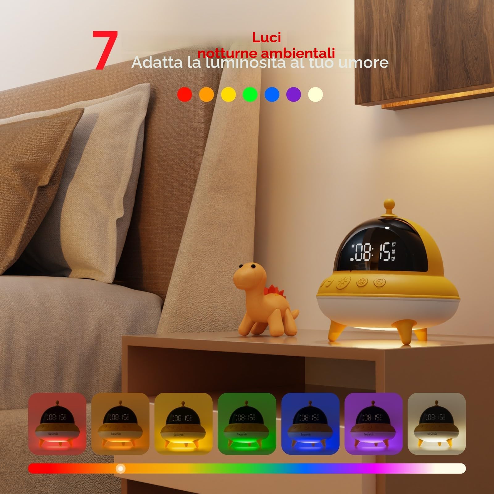 BEAVERLAB - Sveglia per bambini e ragazzi, con 7 colori, luce notturna per bambini, 0 dB, carica USB-C e batteria da 15 giorni, per camera da letto